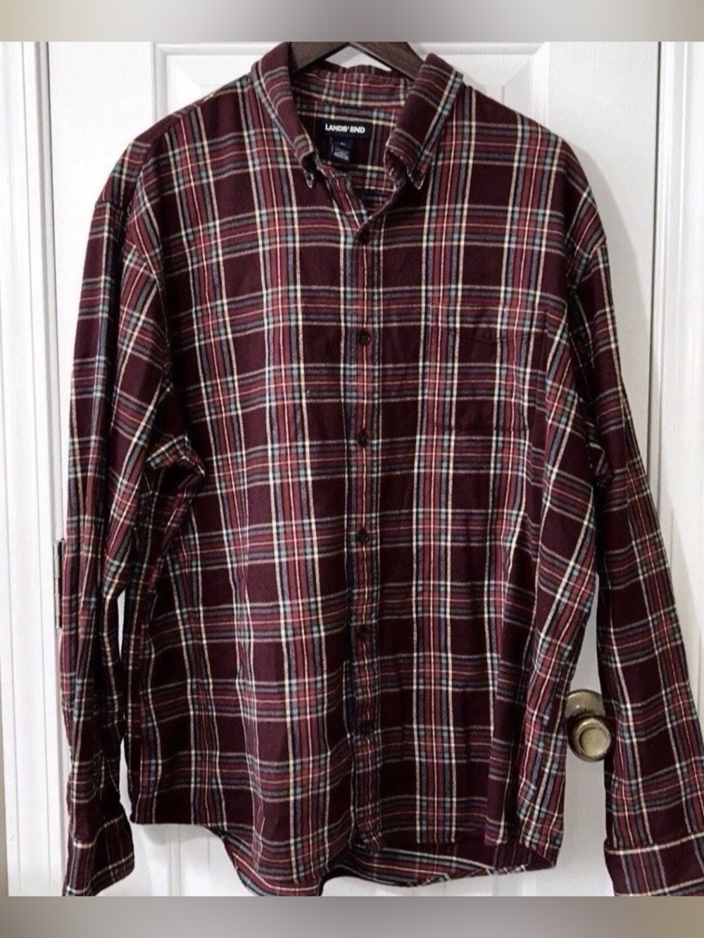 Lands End Plaid Flannel Shirt Mens XL Burgundy Autumn Hearth Button Down Warm